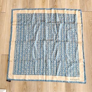 Burberry London Silk Scarf Vintage Logo Print Blue Beige 35x34.5”